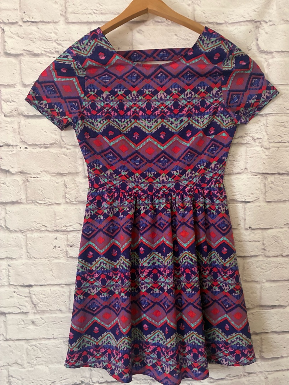 Everly Geometric Fit-and-Flare Boho Dress in Purple and Pink - Small